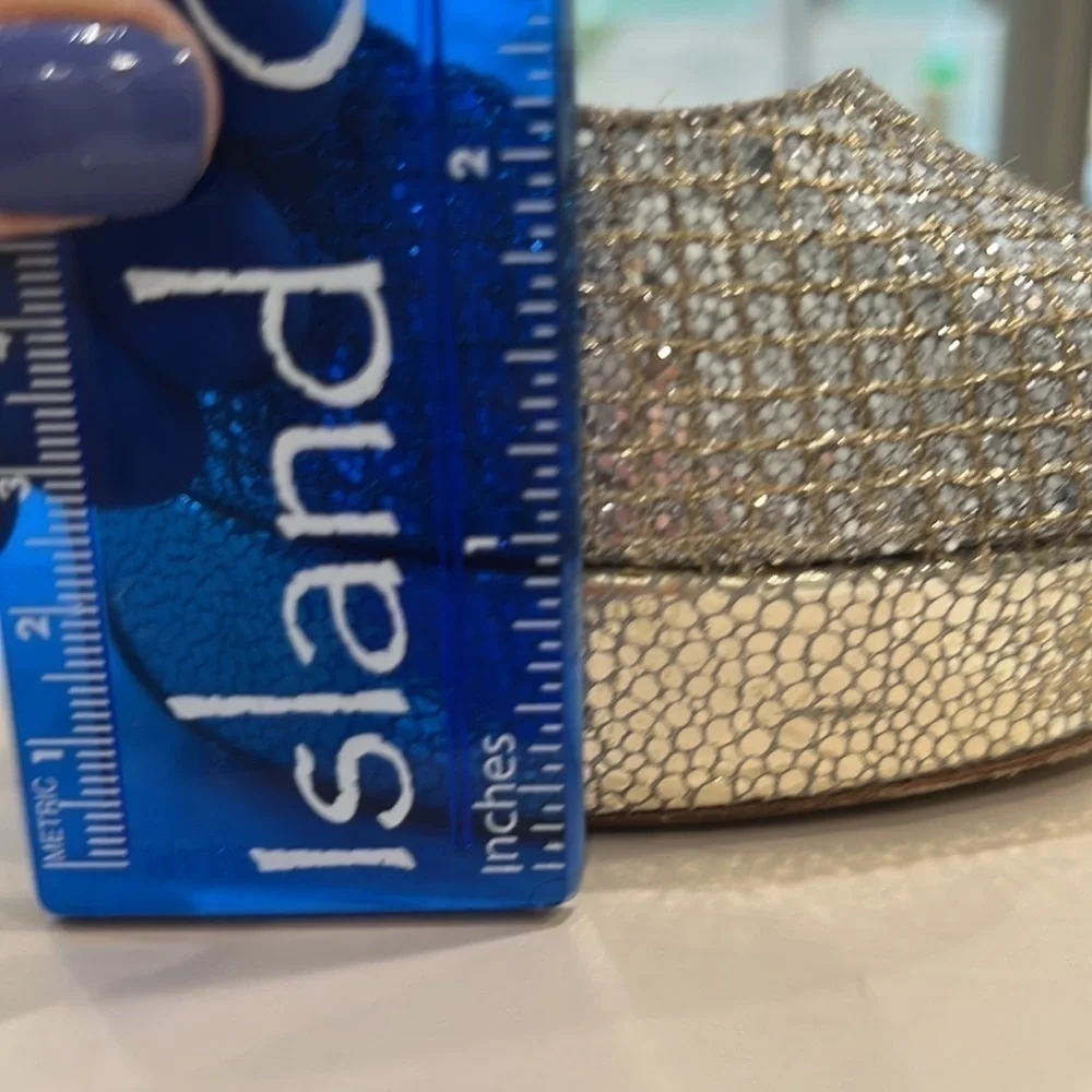 Jimmy CHOO 247 Crown Glitter fabric champagne platform 5in heels size 39.5